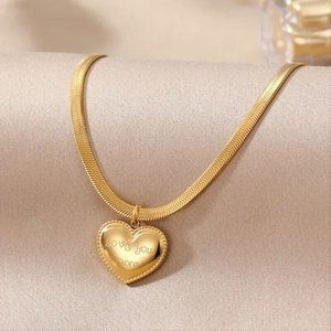 Stainless Steel Gold Necklace Heart I LOVE YOU MORE Pendant & Herringbone Chain